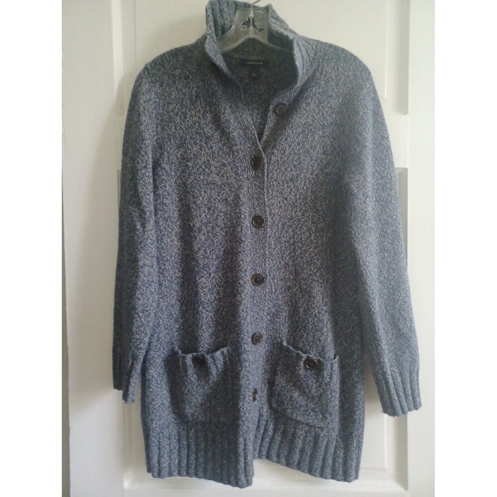 Lands' End marled blue long woolblend cardigan womens S buttons Granny sweater